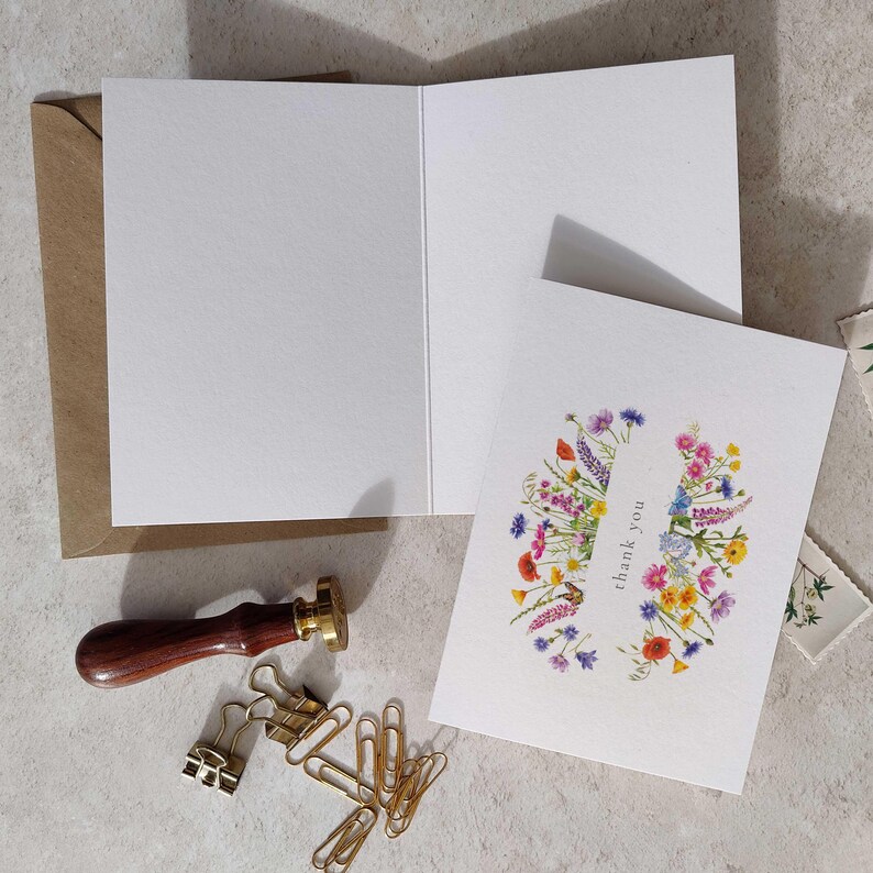 Wildflower watercolor floral folded thank you cards and envelopes for weddings, events and general thank you cards.