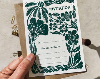 Linocut Floral blank invitations & envelopes | 4 Colour choices | Double Sided