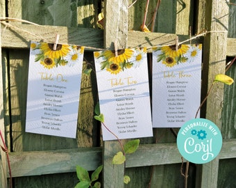 Sunflower Wedding Printable Digital File, Template Design, Hanging Table Plan Cards