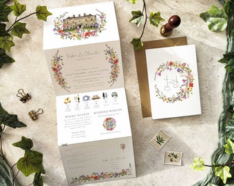 Wildflower Wedding Invitation, Folding concertina invite with wedding timeline & delicate florals