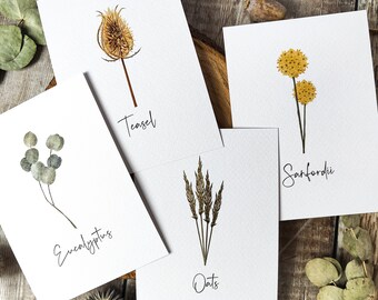 Dried Flower Table Names, Autumn Winter Wedding. 20+ flowers to choose from. Rustic floral wedding table name cards.