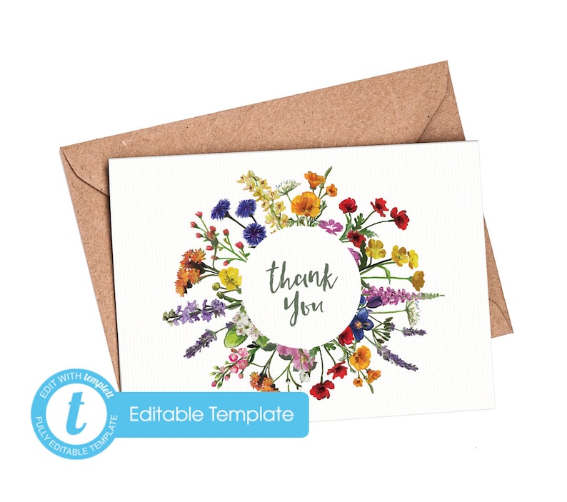 Hand Painted Wedding Thank You Card Folded Printable Digital File Templett Design Wildflowers