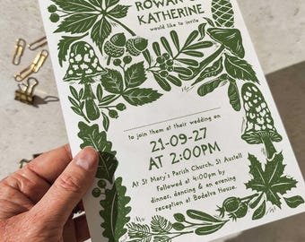 A5 Autumn Fall Wedding Invitation - Linocut Block Print & Custom Timeline