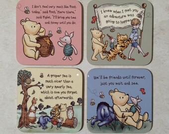 4er Set Winnie Untersetzer | A.A. Milne Zitate | Glanz MDF Getränke Untersetzer