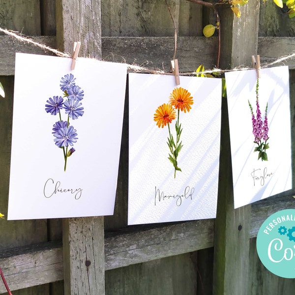 Wildflower Wedding Table Name Cards, Printable Digital File, Template Design, 20 Flowers