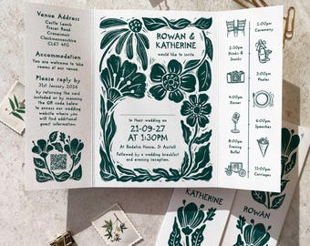 A6 Gatefold Floral Wedding Invitation - Linocut Block Print & Custom Timeline