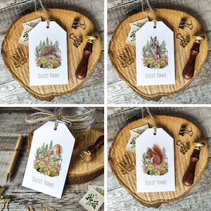 Place Card Luggage Tags, Printed Guest Names, Woodland Forest Animals, 24 animals to choose from, Cottagecore, Rustic, Cute animals image 1