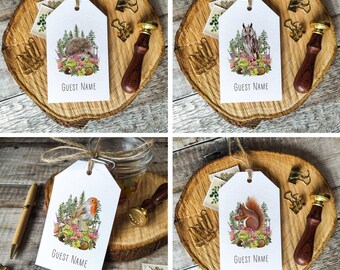 Place Card Luggage Tags, Printed Guest Names, Woodland Forest Animals, 24 animals to choose from, Cottagecore, Rustic, Cute animals