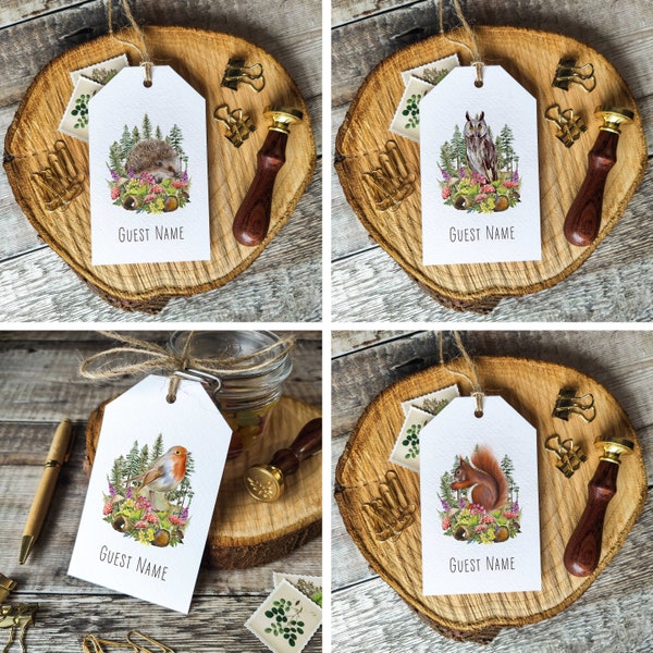 Place Card Luggage Tags, Printed Guest Names, Woodland Forest Animals, 24 animals to choose from, Cottagecore, Rustic, Cute animals