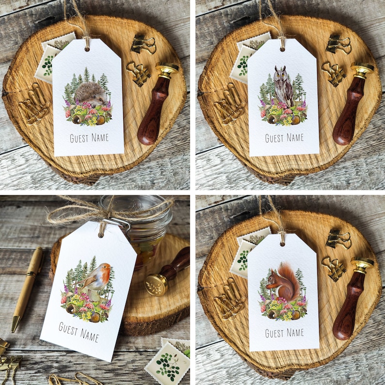 Place Card Luggage Tags, Printed Guest Names, Woodland Forest Animals, 24 animals to choose from, Cottagecore, Rustic, Cute animals image 1