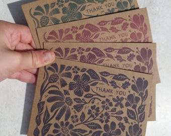 Linocut Floral Kraft Brown A6 Folded Thank You Cards | Blank Inside | Choice of Colours