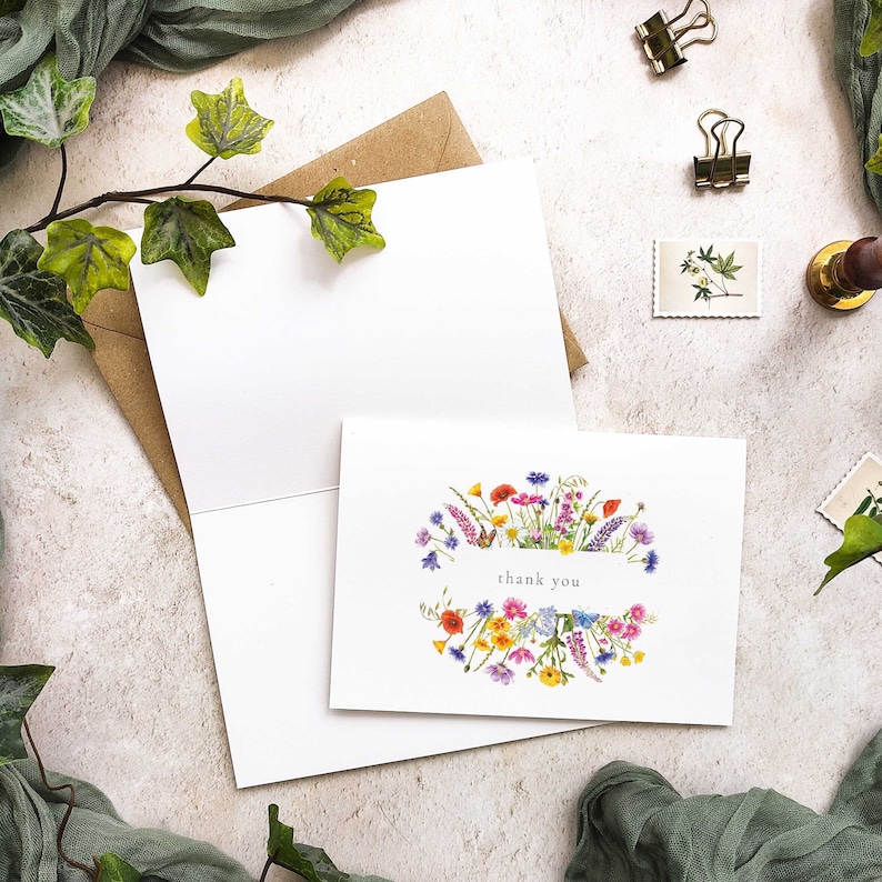 Wildflower watercolor floral folded thank you cards and envelopes for weddings, events and general thank you cards.