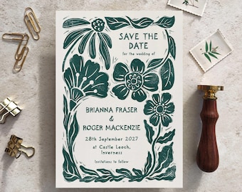 A6 Save the Date Card | Linocut Botanical Floral Personalised Design | Single Sided
