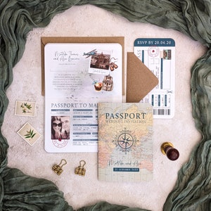 Travel Passport Hochzeitseinladungs-Set, 8-seitige gefaltete Booklet-Karte und Antwortkarten Bording mit blanko Umschlag