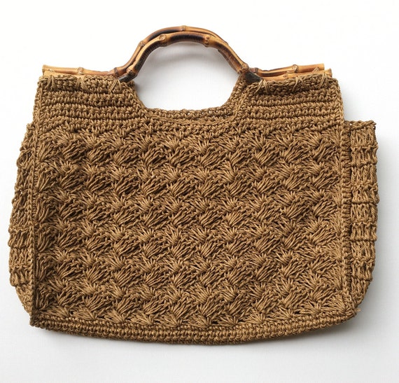 Vintage macrame and bamboo tote bag. Handmade macr