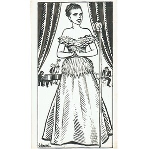 Sängerin im Federkleid - Original, 1940er/50er Jahre - Tusche auf Karton, 15 x 3,5 Zoll - signiert, veröffentlicht. Ein Unikat.