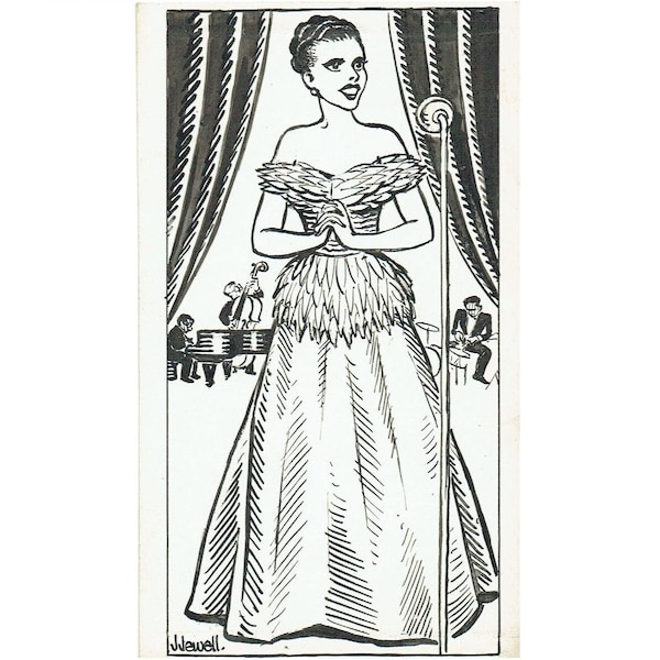 Singer in feather gown - Original artwork, 1940s/50s  - ink on card, 6 x 3.5 inches - signed, published.  One of a kind.