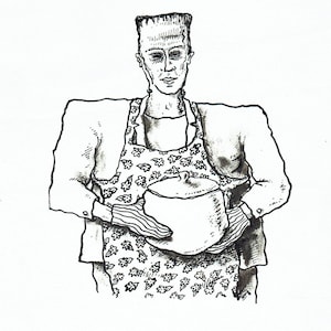 May include: A black and white illustration of a person wearing a floral apron and holding a pot. The person is wearing a white shirt and gloves. The drawing style is simple and stylized.