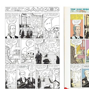 May include: Two comic book pages, one in black and white and the other in color, titled "The Man From Cancer." The panels depict courtroom scenes and abstract figures with speech bubbles. The color version has a red border.