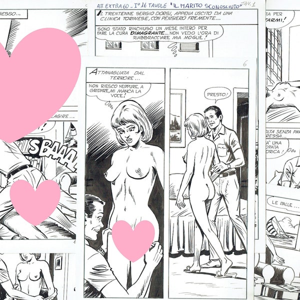 BD érotique - 16 pages ! - années 1980 - italien - histoire complète - encre sur carton - publié - 'The Unknown Husband' - Mature