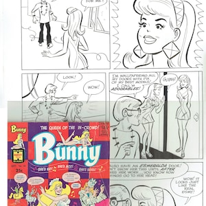 Cómic original de 1970: Bunny: "¡Es moderna! ¡Es mod! ¡Es la jefa!". Página grande de 23" x 13,5"; tinta sobre cartón; cómic también incluido