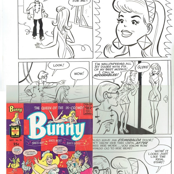 Original Comic Art 1970 - Bunny - "She's Hip! She's Mod! She's Boss!" - Large page 23" x 13.5" - ink on card - comic also included