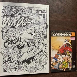 オリジナルコミックアート、Adolescent Radioactive Black Belt Hamsters 3-D #3 (1986) p.14、手描き、鉛筆にインク。トム・サットン作。コミック付き。