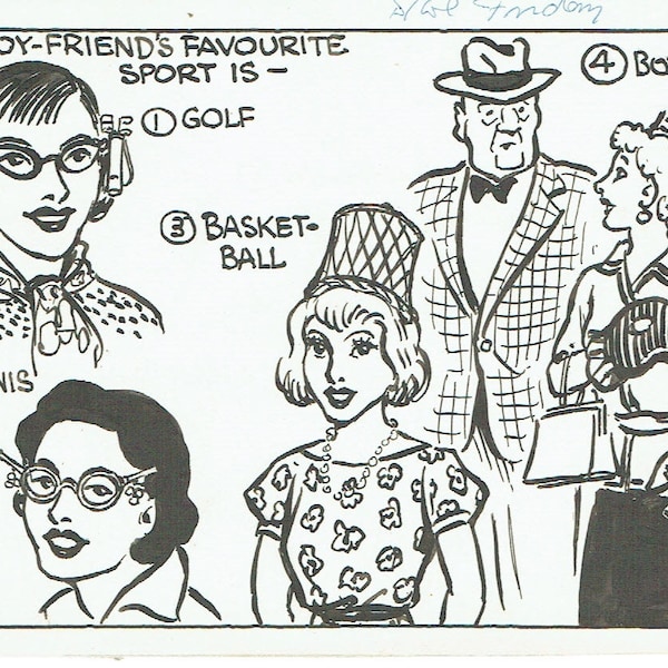 Supportive Girlfriends - Original artwork, 1957 - ink on card, 6 x 4 inches - signed, published.  One of a kind.