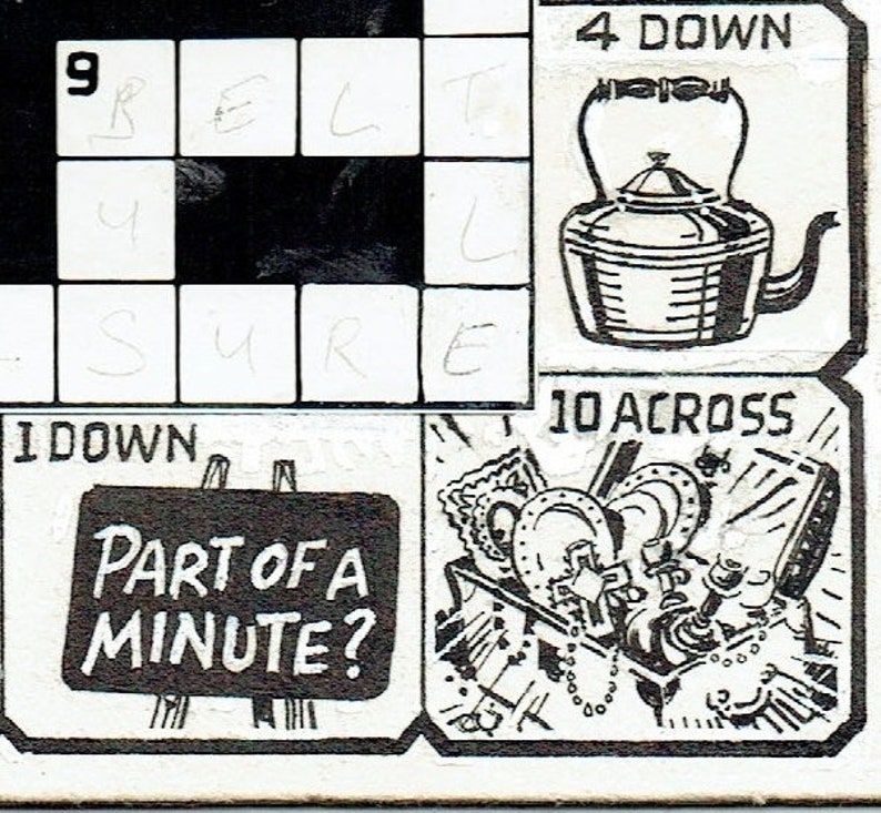 1960s Crossword Artwork, Original Art, Ink on Board, 7.5 X 5.5 Inches