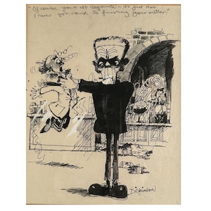 Geoffrey Dickinson, El monstruo de Frankenstein estrangula a su creador, pluma y tinta, década de 1970/1980, firmada y enmarcada. Ilustración de caricatura publicada.