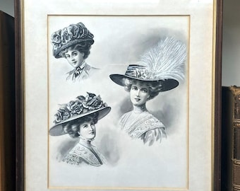 Hand painted illustrations, 1910s, watercolour, framed. Possibly for 'Weldon's Home Milliner'. One of a kind.