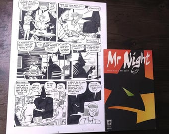 Dibujo de Phil Elliott, 2005, tinta sobre cartulina. Mr. Night. Incluye cómic. ¡EL PRECIO INCLUYE ENVÍO!