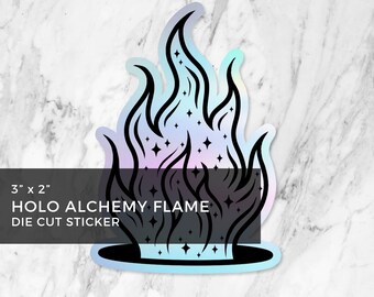 Pegatina troquelada holográfica de llama de alquimia