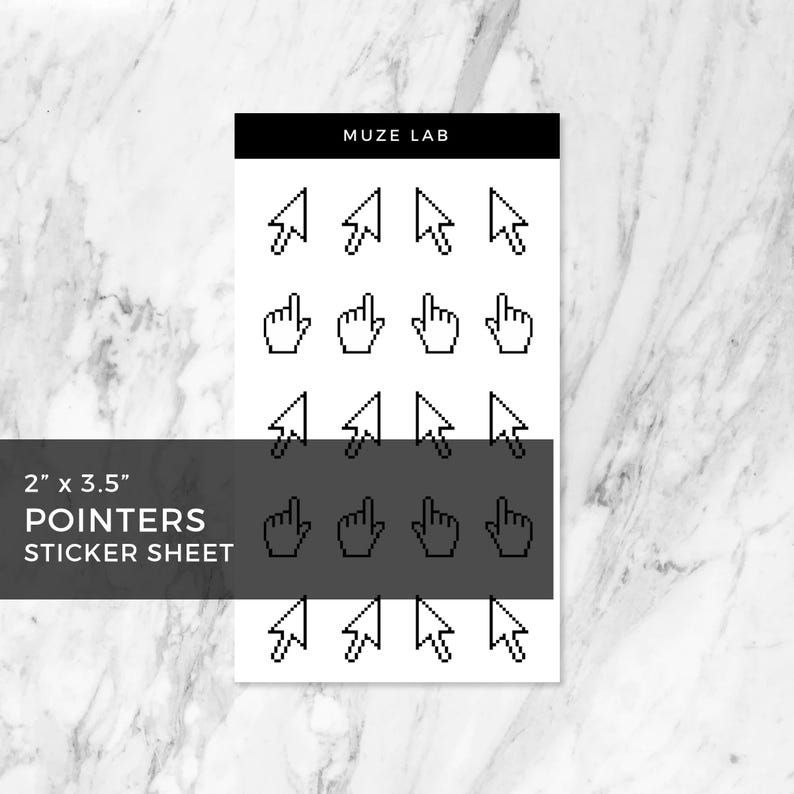 May include: A 2 inch by 3.5 inch sticker sheet from Muze Lab featuring a grid of black pixelated computer mouse cursors and pointing hand icons on a white background. The design includes multiple rows of arrow pointers and hand pointers.