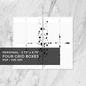 Könnte beinhalten: Vier druckbare Rasterkästchen für persönliche Planer. Jedes Kästchen ist 9,5 cm x 17,1 cm groß und hat ein Rastermuster. Der Hintergrund ist weiß mit schwarzen Spritzflecken.