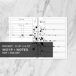 Puede incluir: Página de planificador imprimible en blanco y negro con un diseño semanal y una sección de notas. La página está diseñada para un planificador de bolsillo y mide 8,1 cm por 12 cm. La página tiene un diseño de salpicaduras en blanco y negro.