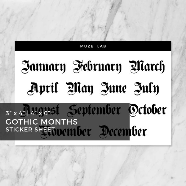 Gothic Months Sticker Sheet | 3x4, 4x6