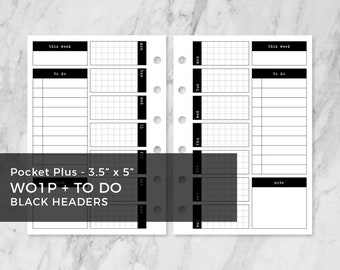Puede incluir: Insertos de planificador en blanco y negro para tamaño Pocket Plus, midiendo 8,9 x 12,7 cm. El diseño incluye secciones para listas de 'esta semana' y 'por hacer', con una cuadrícula para cada día de la semana. También se ve el texto 'WO1P + TO DO BLACK HEADERS'.