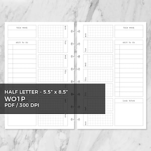 Peut inclure: Un insert de planificateur noir et blanc avec une mise en page hebdomadaire. Le planificateur est étiqueté "HALF LETTER - 14 x 21.6 cm" et comprend des sections pour chaque jour de la semaine, "shit to do", et "look bitch".