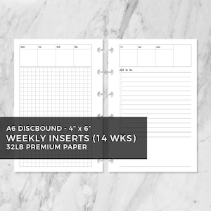 May include: A6 discbound weekly planner inserts, 4" x 6", with a grid and lined pages. The inserts include sections for each day of the week, a "shit to do" list, and space for notes. The text "WEEKLY INSERTS (14 WKS)" is visible.