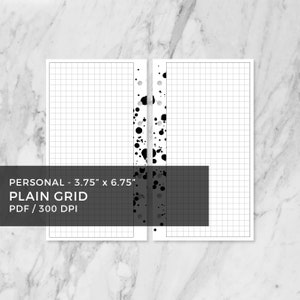 May include: A printable planner page with a plain grid pattern. The page is 3.75 inches by 6.75 inches and is designed for personal use. The page is printed in black and white and has a 300 DPI resolution.