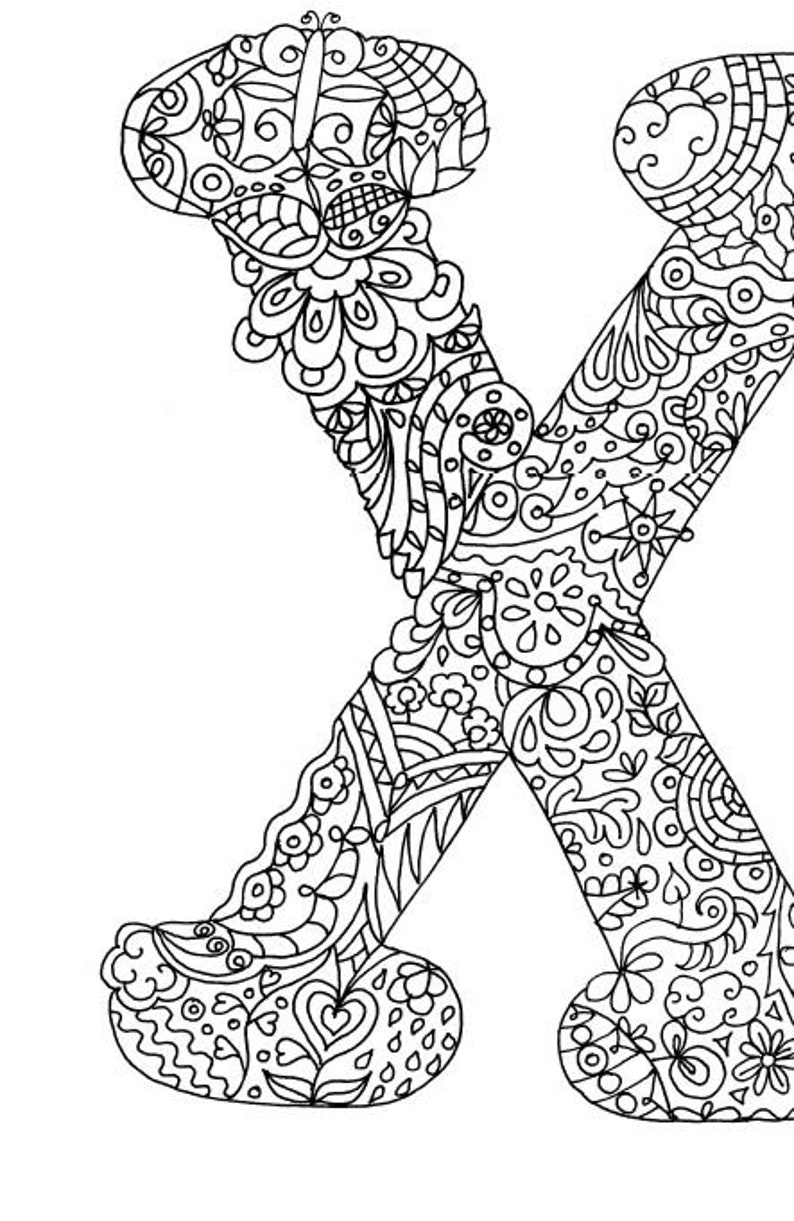 alphabet coloring printable letters hand drawn zentangle