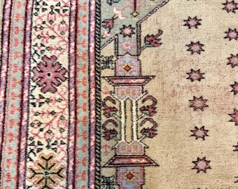 Vintage türkische Teppich 12x7 | Handgeknüpfter Gebetsteppich aus Wolle | Weiche Pastell-Oushak-Farben | Florales Motiv