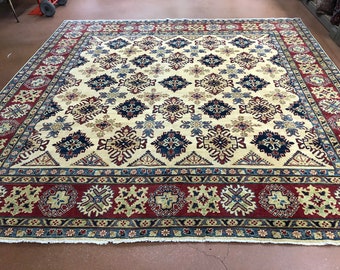 Seltener 10x10 Handgeknüpfter Teppich im Kasachischen Heriz Muster - Vintage Teppich