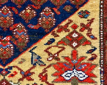 Long Narrow Red and Navy Geometric Rug - Bold Patterned Kurdish Runner for Hallway - 2.2x19 ft
