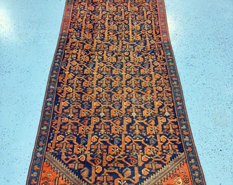 Vintage Handwoven Persian Runner Rug – Exquisite Geometric Charm in Rich Navy & Rust 3.4x9.10