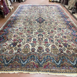 Antique Kerman rug 11x19.7 lovely carpet has some worn areas selling as is