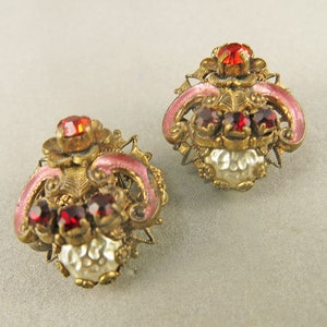 Vintage Clip On Earrings  With Pink Enamel And Red Rhinestones Vintage Jewelry