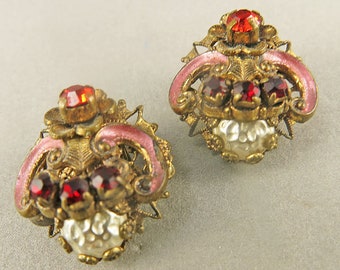 Vintage Clip On Earrings  With Pink Enamel And Red Rhinestones Vintage Jewelry