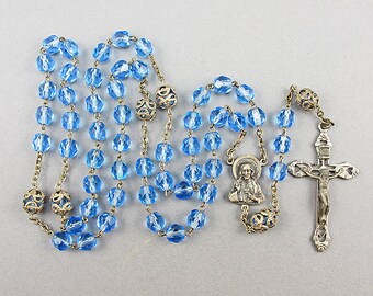 Vintage Rosary Crucifix Religious Supplies Blue Faceted Glass Antiques Collectibles